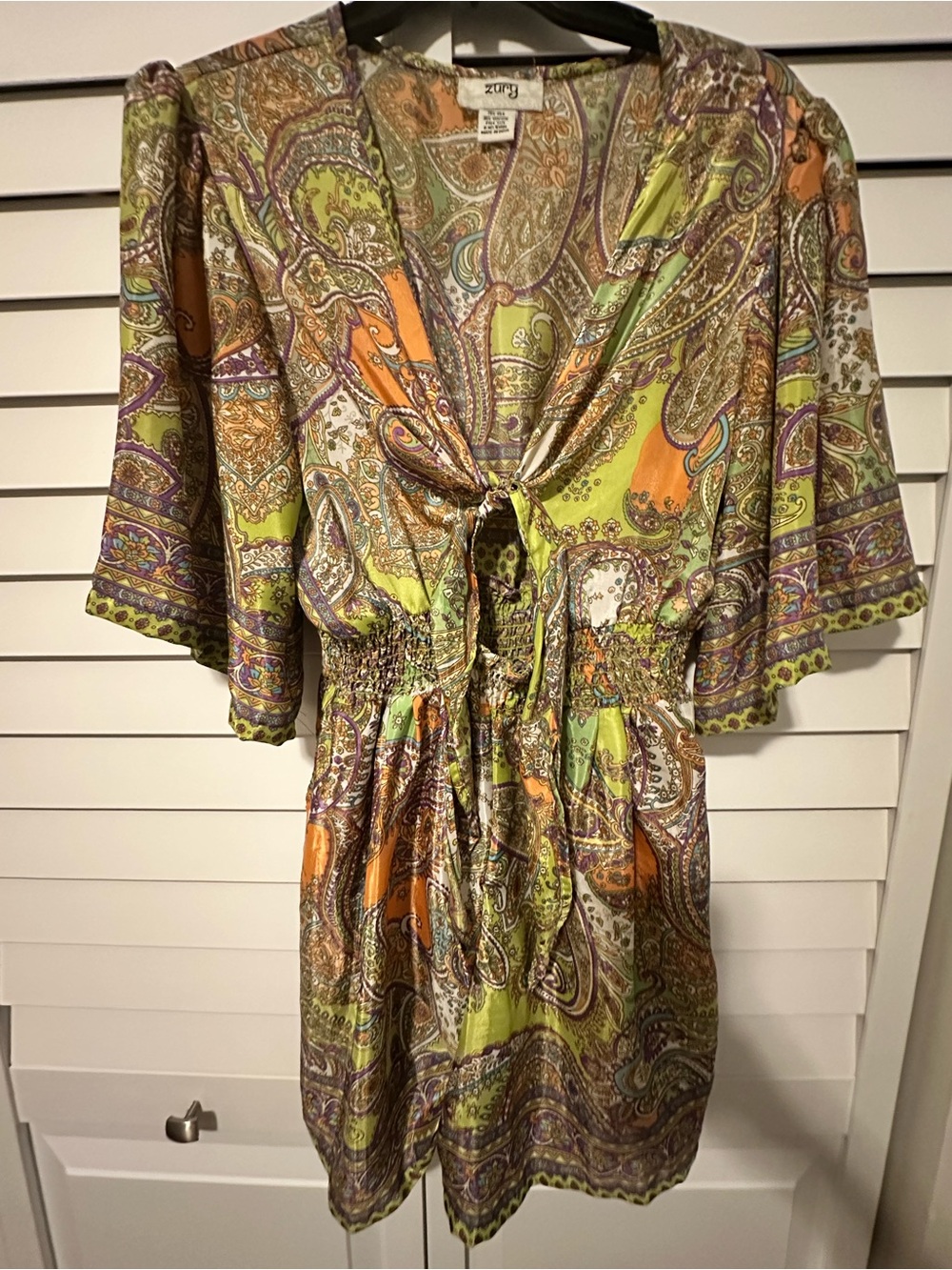 Zury Green and Orange Paisley Tie-Front Mini Dress
